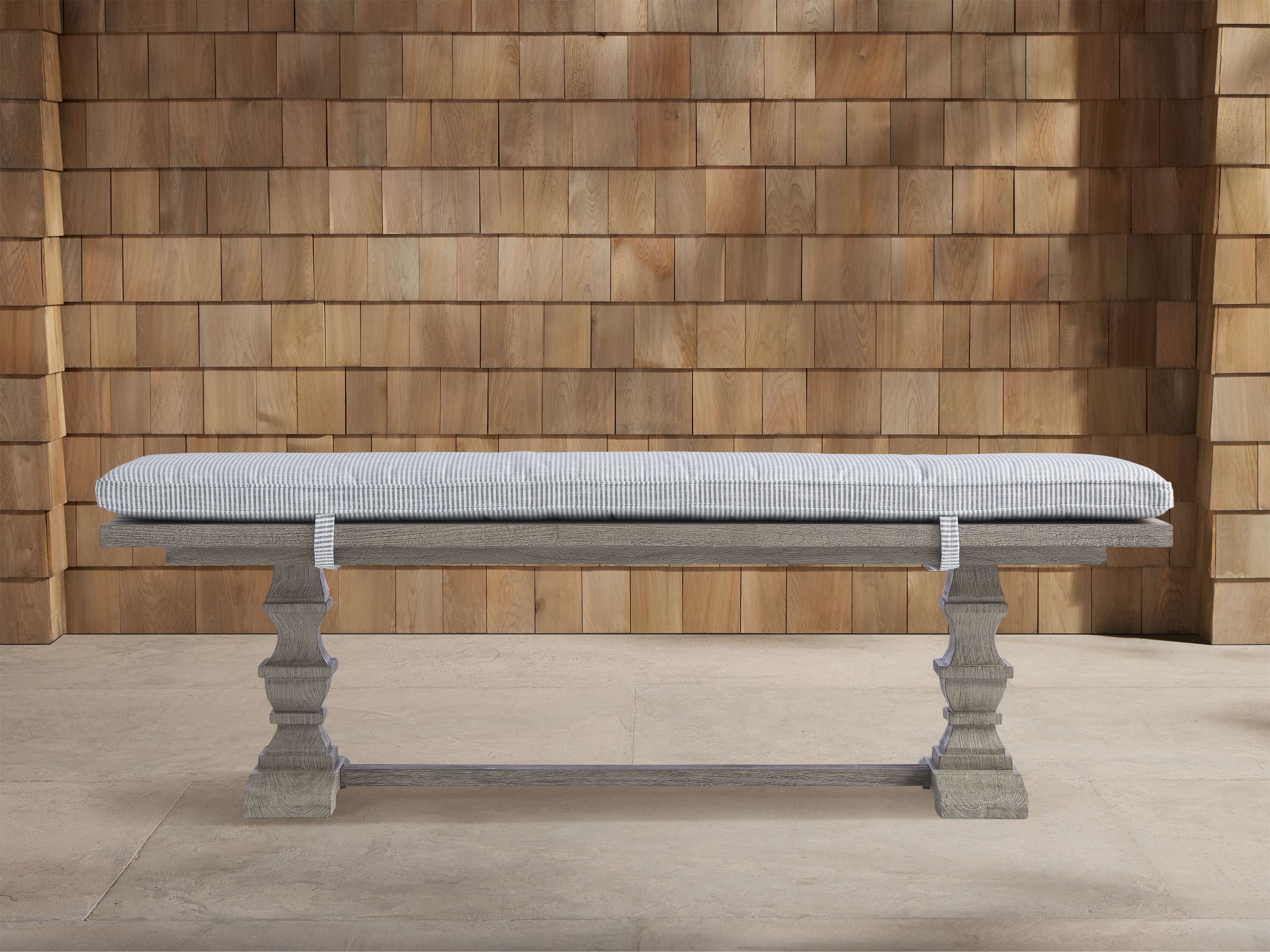 Hamptons Outdoor Dining Bench with Pinstripe Blue Cushions