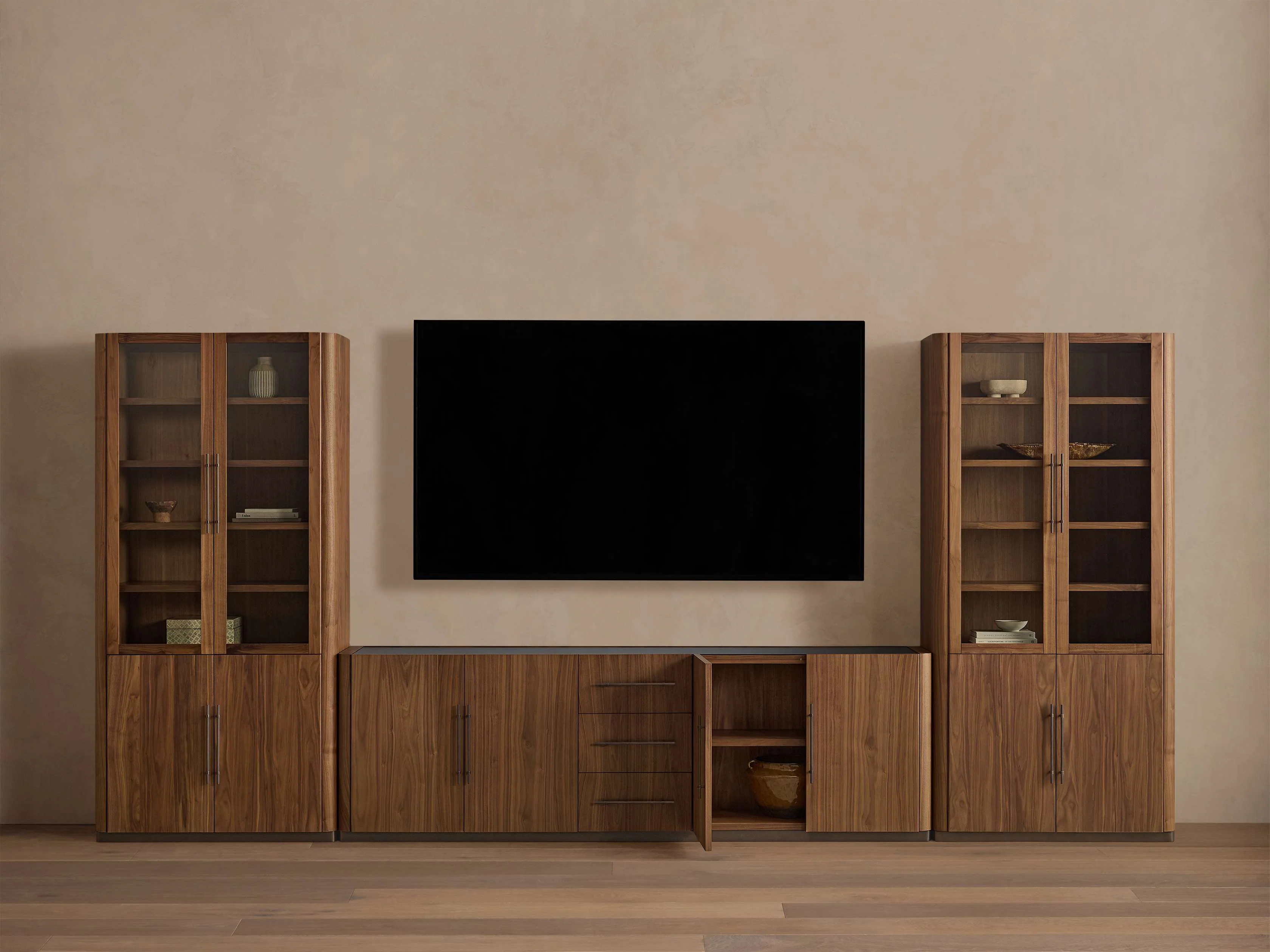 Piermont Modular Glass Media Cabinet Set With Drawers